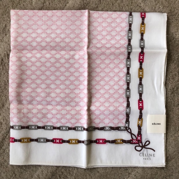 New Vintage CELINE Handkerchief Scarf Classic Macadam Logo Chains Pink - Picture 1 of 4